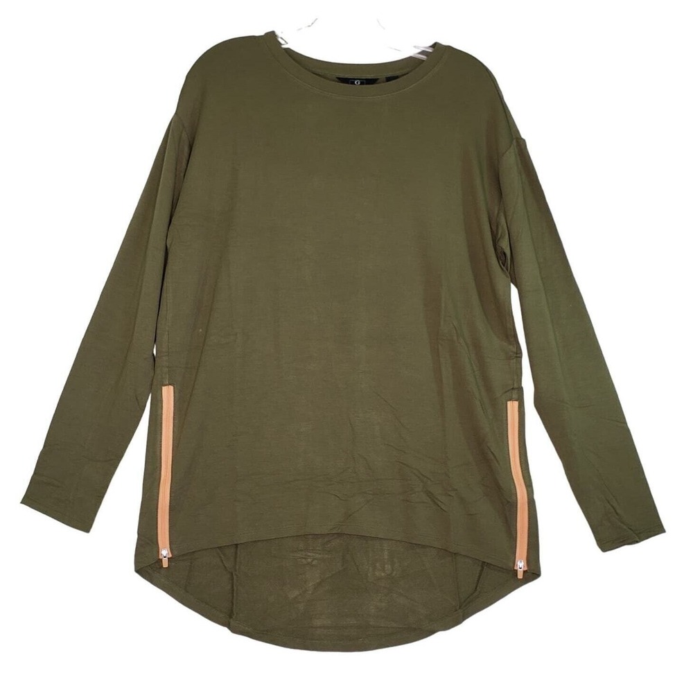 G by Giuliana Womens Shirt Olive Green‎ Size XS Long Sleeve Top Side Zip Detail